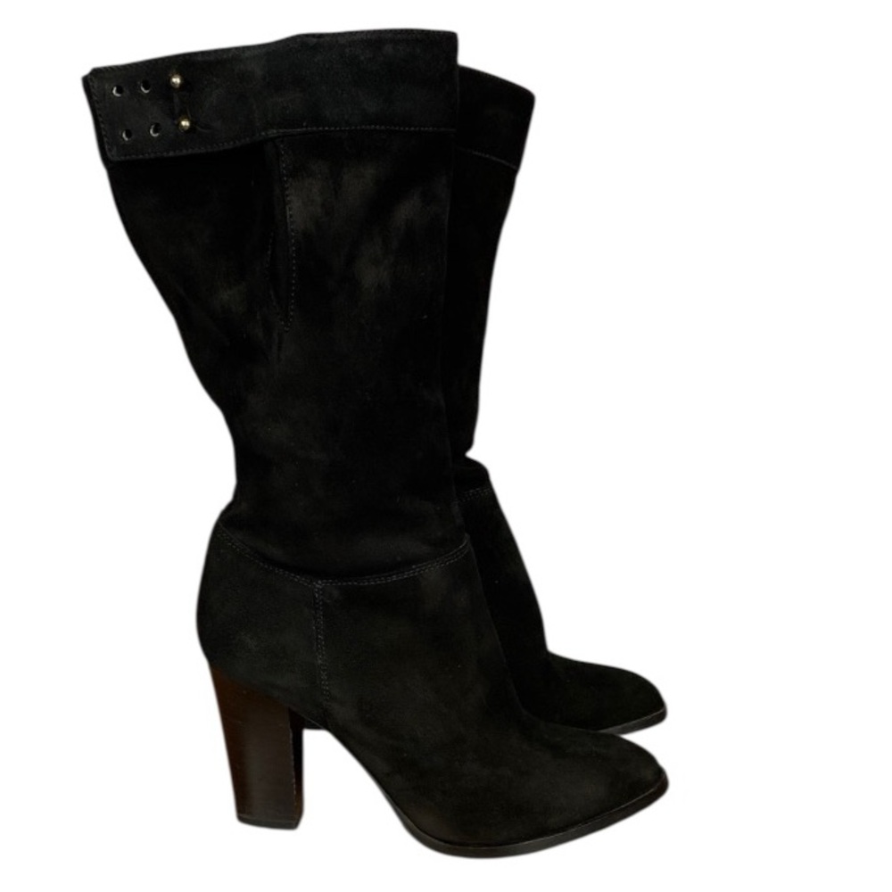 Lavorazione Artigiana Black Suede Leather Mid Calf Slouch Heeled Boots Sz EU37